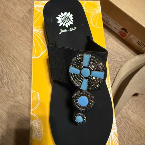 Yellow Box Black Sandals with Blue Accents - Picture 1 of 3